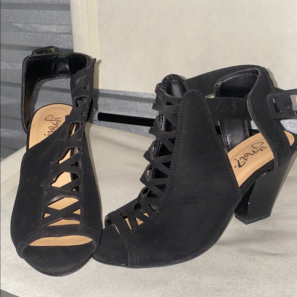 Black Suede Ankle Booties with Peep Toe and Lace-Up Design